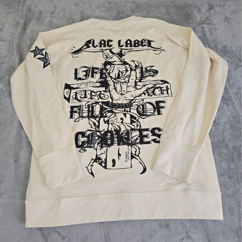 Blac Label Mens 2X Cream Long Sleeve Crew Neck Embroidered Stars Streetwear  Y2K